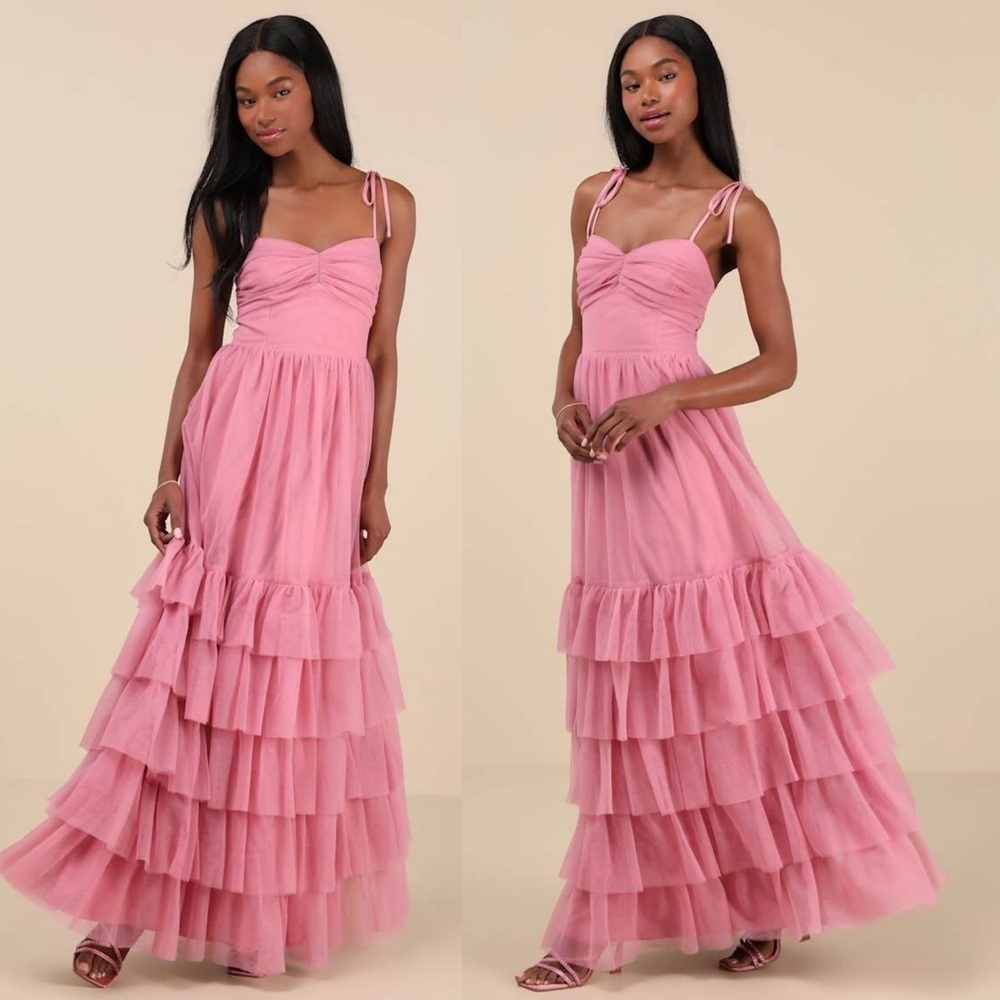 NWT Lulus Endlessly Darling Dusty Rose Mesh Tiered Tie-Strap Maxi Dress XS
